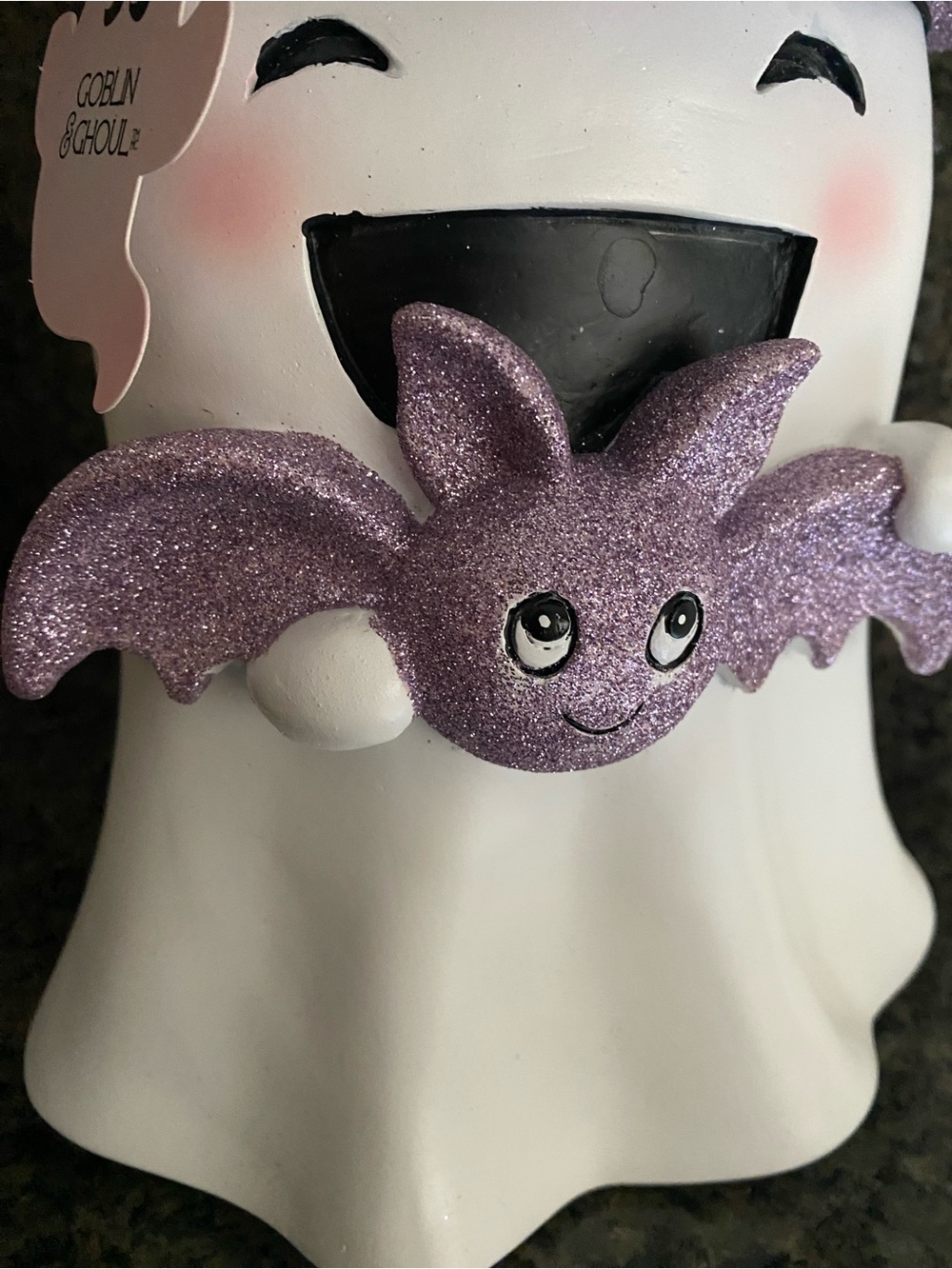 NWT! Goblin & Ghoul 12” Ghost Purple Glitter Hat & Bat Halloween Resin Figurine - Picture 2 of 6